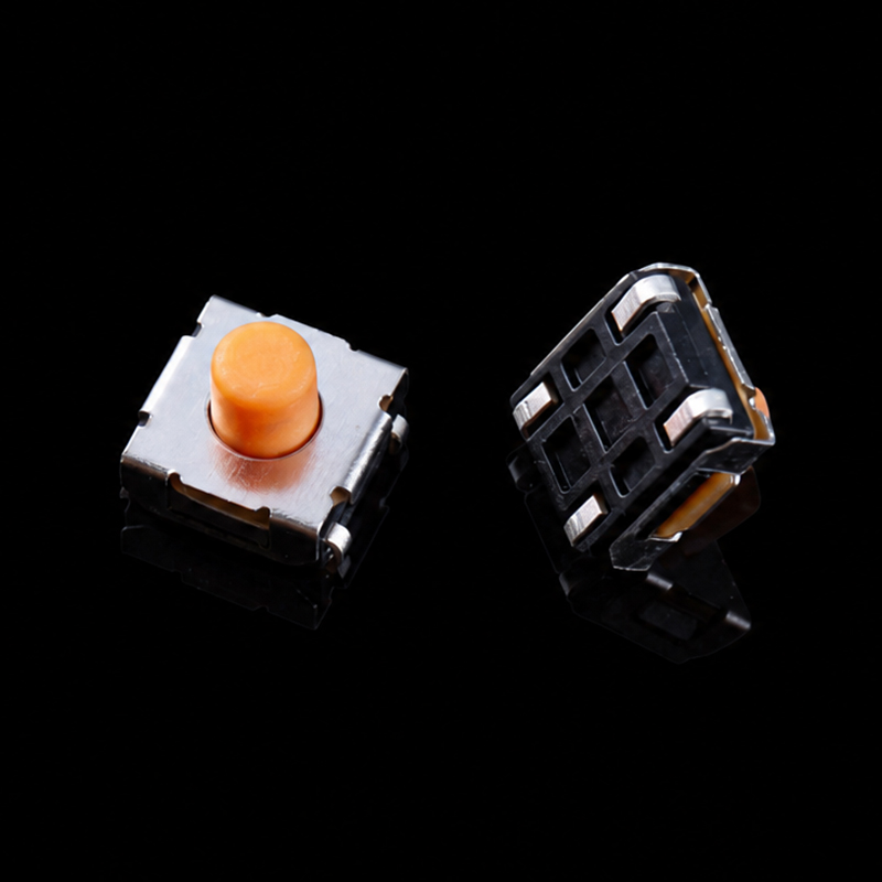 Interruptor táctil TS-G003472, 6,2×6,2×5,1 mm, actuador de silicona con hebilla, tapa naranja, terminales cubiertos, base negra